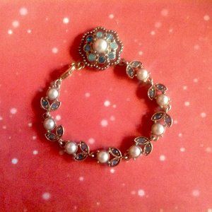 Vintage Faux Pearl, Rhinestone & Moonstone Link Bracelet for the Smaller Wrist